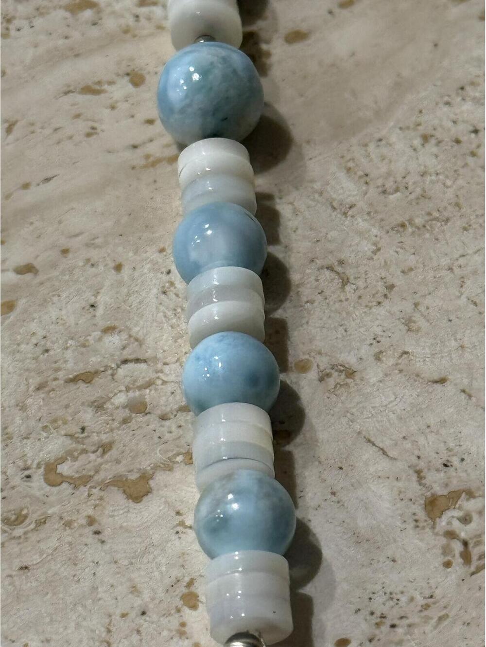 Coastal Caribbean Larimar & MOP White Shell Heishi Lariat Necklace 20 - 22" - Picture 7 of 9